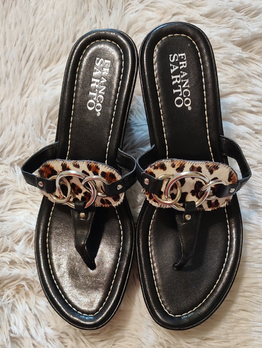 Franco Sarto Leather Wedge Sandals Calf Hair Leopard Black Cream Brown Brazil 8 - Picture 2 of 12